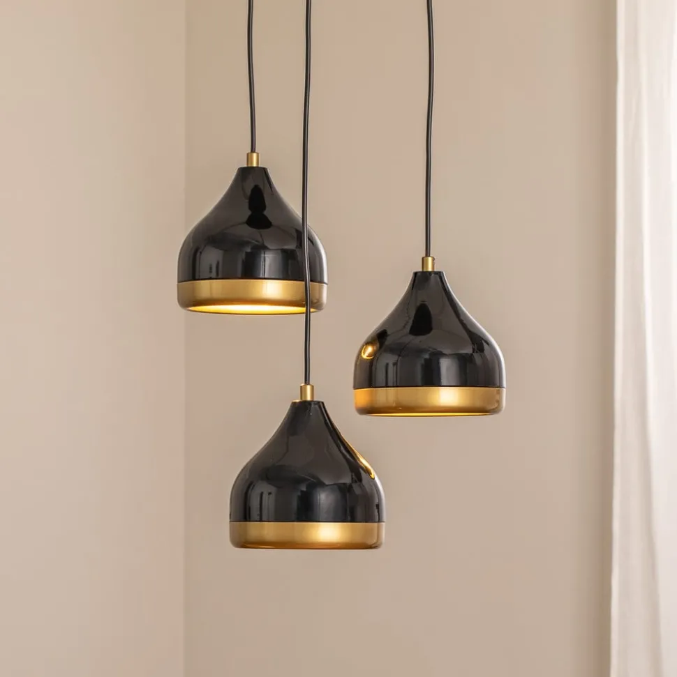 Hængelampe Yildo, 3 lyskilder, sort/guld, rund, Ø37 cm