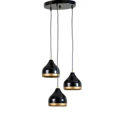Hængelampe Yildo, 3 lyskilder, sort/guld, rund, Ø37 cm