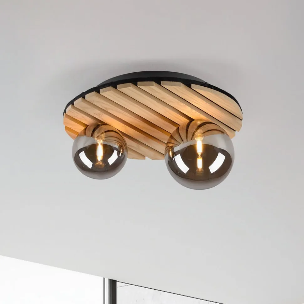 JUST LIGHT. Grøn Stika loftlampe, rund, 2 lyskilder, træ