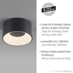 JUST LIGHT. LED-loftslampe Tanika sort, Ø16 cm, dæmpbar