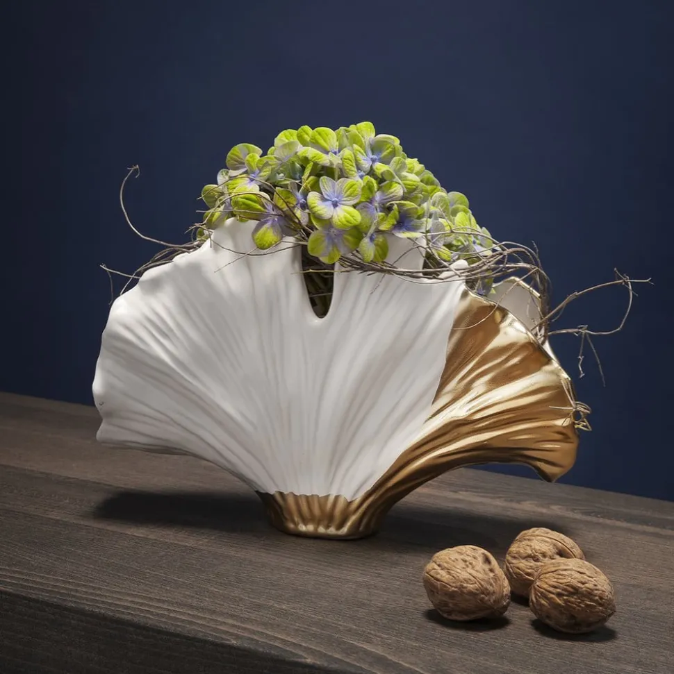 KARE Ginkgo Elegance-vase, højde 18 cm, stentøj, hvid, guld