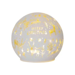 Kugleformet LED-lampe Merry X-Mas Ø 12cm hvidt glas batteridrevet