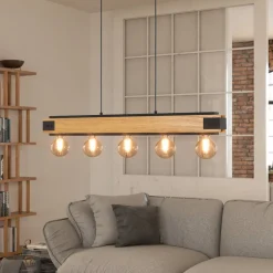 Layham hængelampe, sort/lyst træ, længde 96 cm, 5 lyskilder.
