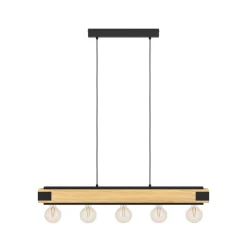 Layham hængelampe, sort/lyst træ, længde 96 cm, 5 lyskilder.