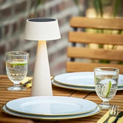 LED-bordlampe Solino, beige, solcelle/USB, 26 cm, IP44