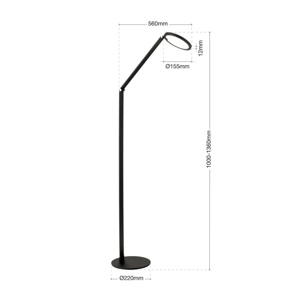 LED-gulvlampe Fati, højde 136 cm, sort, aluminium, dæmper