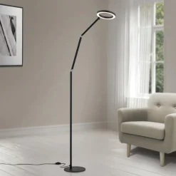 LED-gulvlampe Ringo, sort, metal, justerbar, dæmpbar