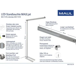 LED-gulvlampe til kontor MAULjet, sølvfarvet, dæmpbar, 195 cm