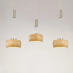 LED-hængelampe Shine-Wood, eg/nikkel, længde 100 cm 3 lyskilder.
