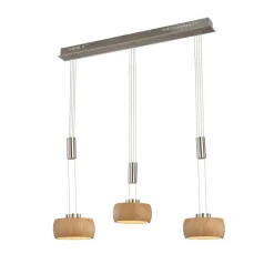 LED-hængelampe Shine-Wood, eg/nikkel, længde 100 cm 3 lyskilder.