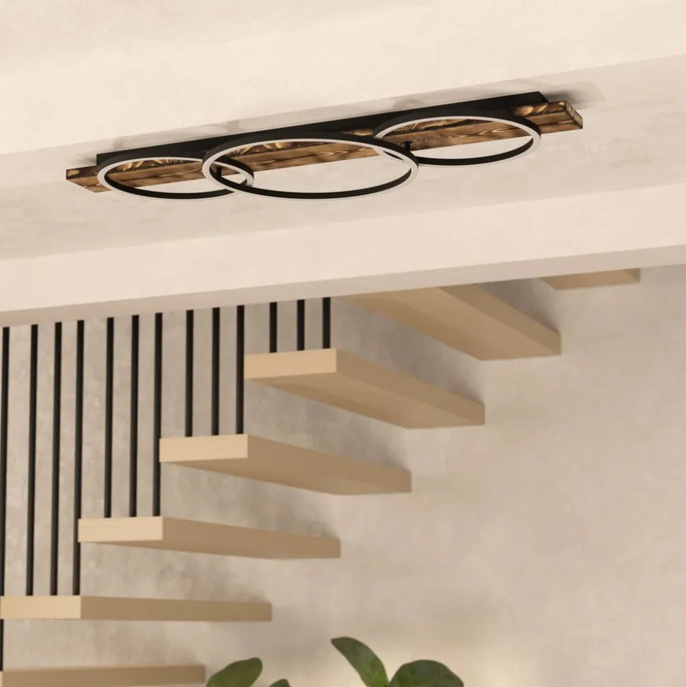 LED-loftlampe Boyal, sort, længde 101 cm, træ, 3 lyskilder.
