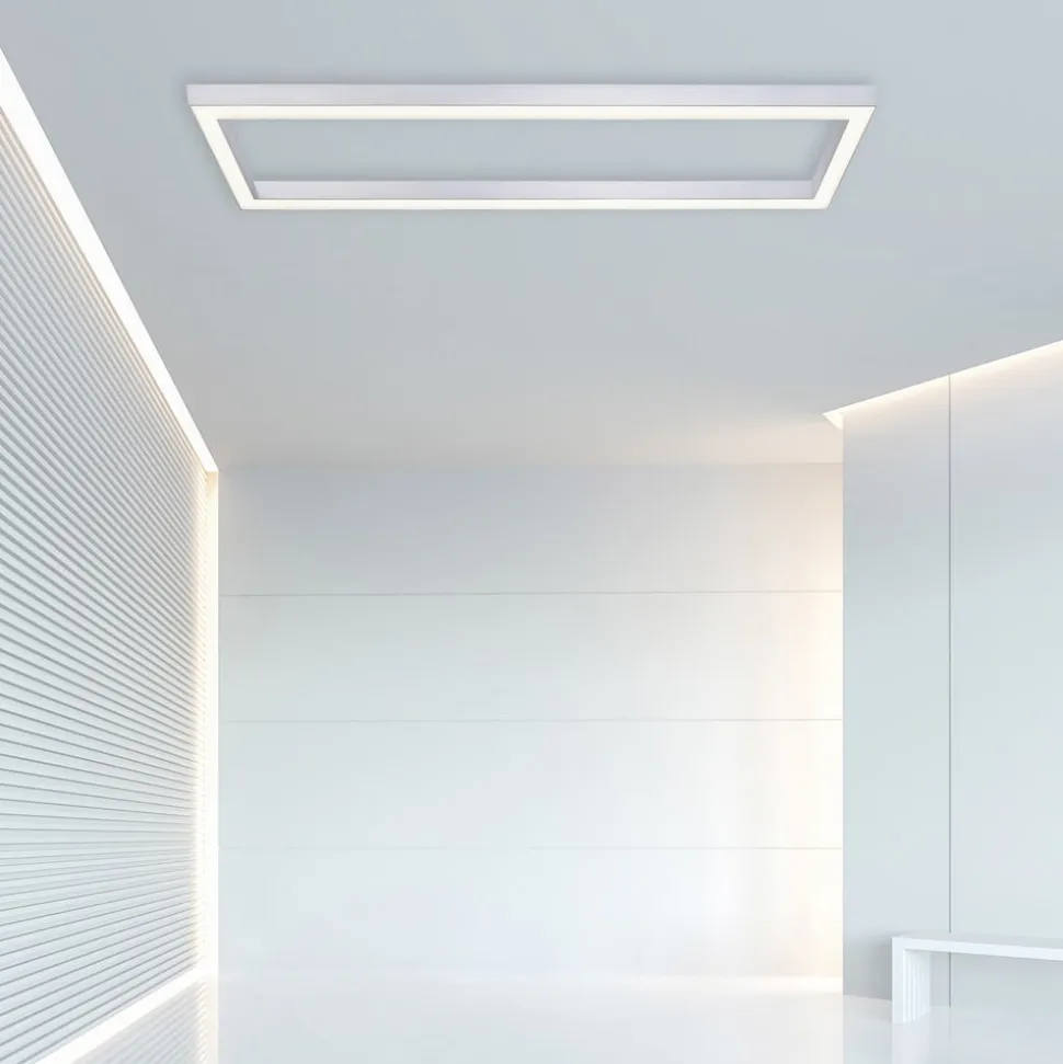 LED-loftlampe PURE Lines, 110 x 30 cm, sølv, CCT, fjernbetjening