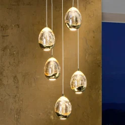 LED-pendel Rocio, 5-lys, rund, metal, glas, guld