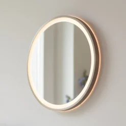 LED-vægspegel VIDRO, bronze, Ø 46 cm, powerbank, afbryder