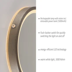 LED-vægspegel VIDRO, bronze, Ø 26 cm, powerbank, afbryder