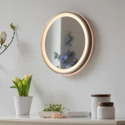 LED-vægspegel VIDRO, bronze, Ø 36 cm, powerbank, afbryder