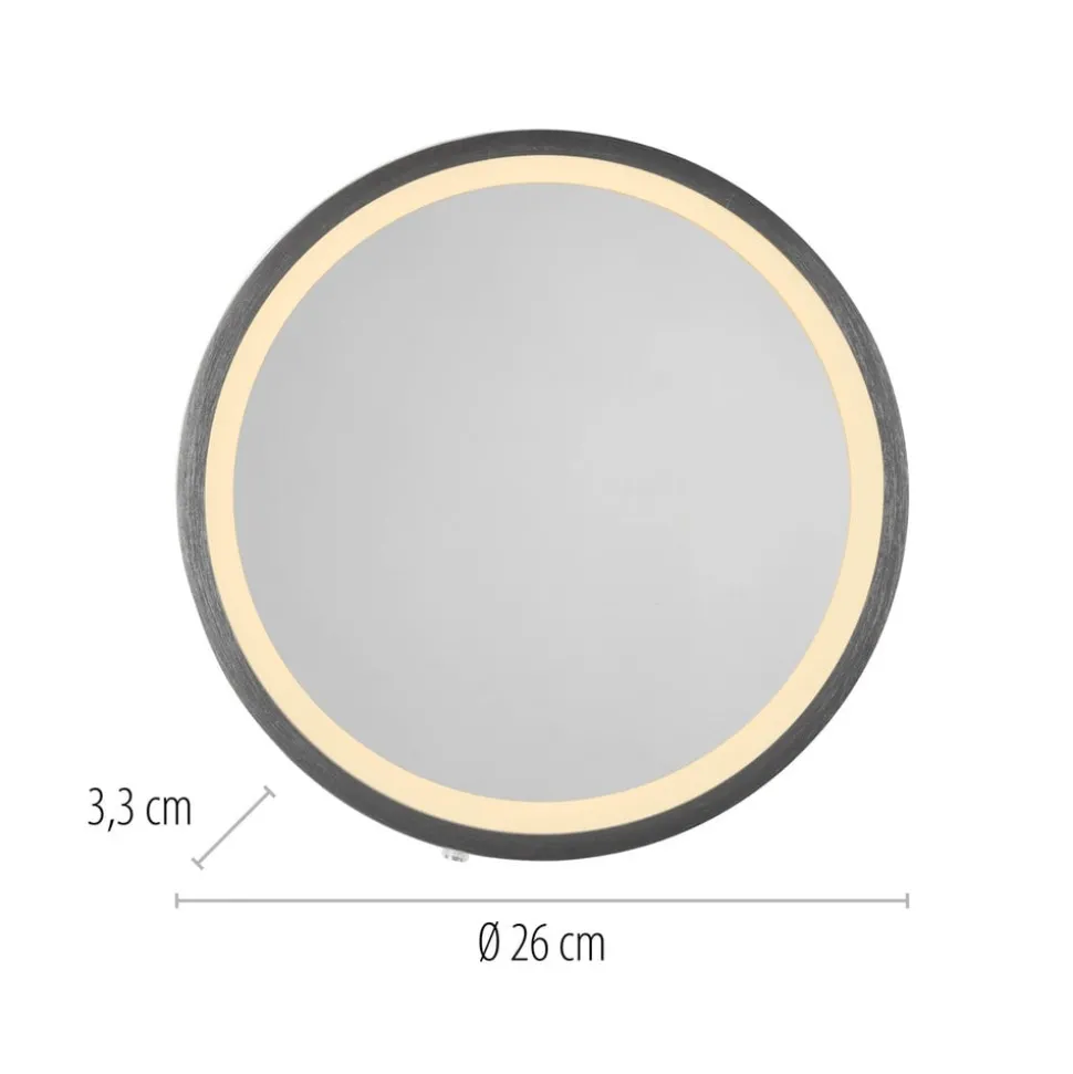 LED-vægspegel VIDRO, grå, Ø 26 cm, powerbank, afbryder