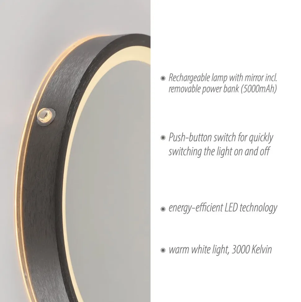 LED-vægspegel VIDRO, grå, Ø 26 cm, powerbank, afbryder