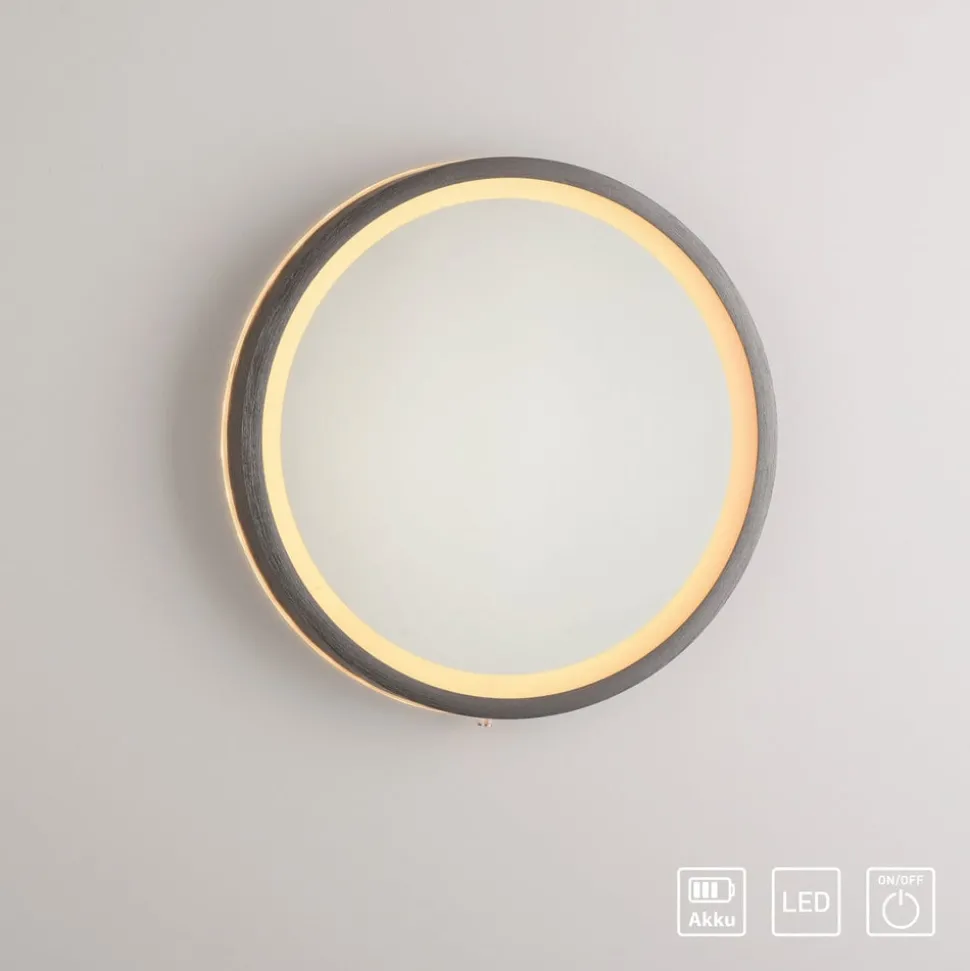 LED-vægspegel VIDRO, grå, Ø 26 cm, powerbank, afbryder