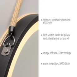 LED-vægspegel VIDRO, sort, Ø 40 cm, powerbank, hængende