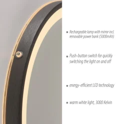 LED-vægspejl VIDRO, grå, Ø 46 cm, powerbank, afbryder