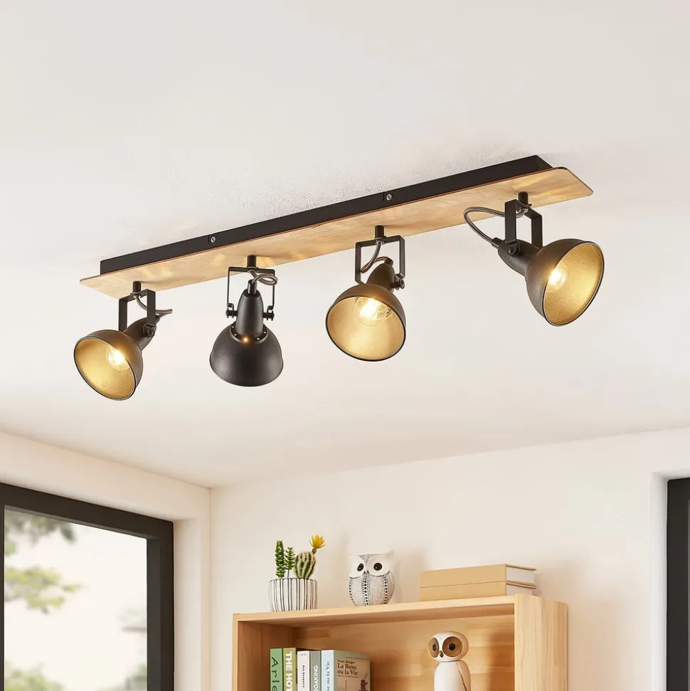 Lindby Aylis loftlampe, 4 lyskilder, 82 cm, sort, træ, E14