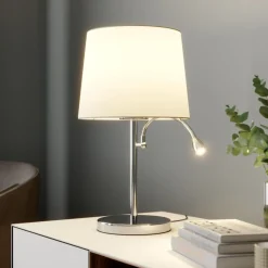 Lindby bordlampe Benjiro, hvid, tekstil, læselampe, 52 cm