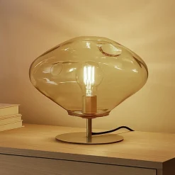 Lindby bordlampe Lelia, rav, glas, metal, Ø 35 cm