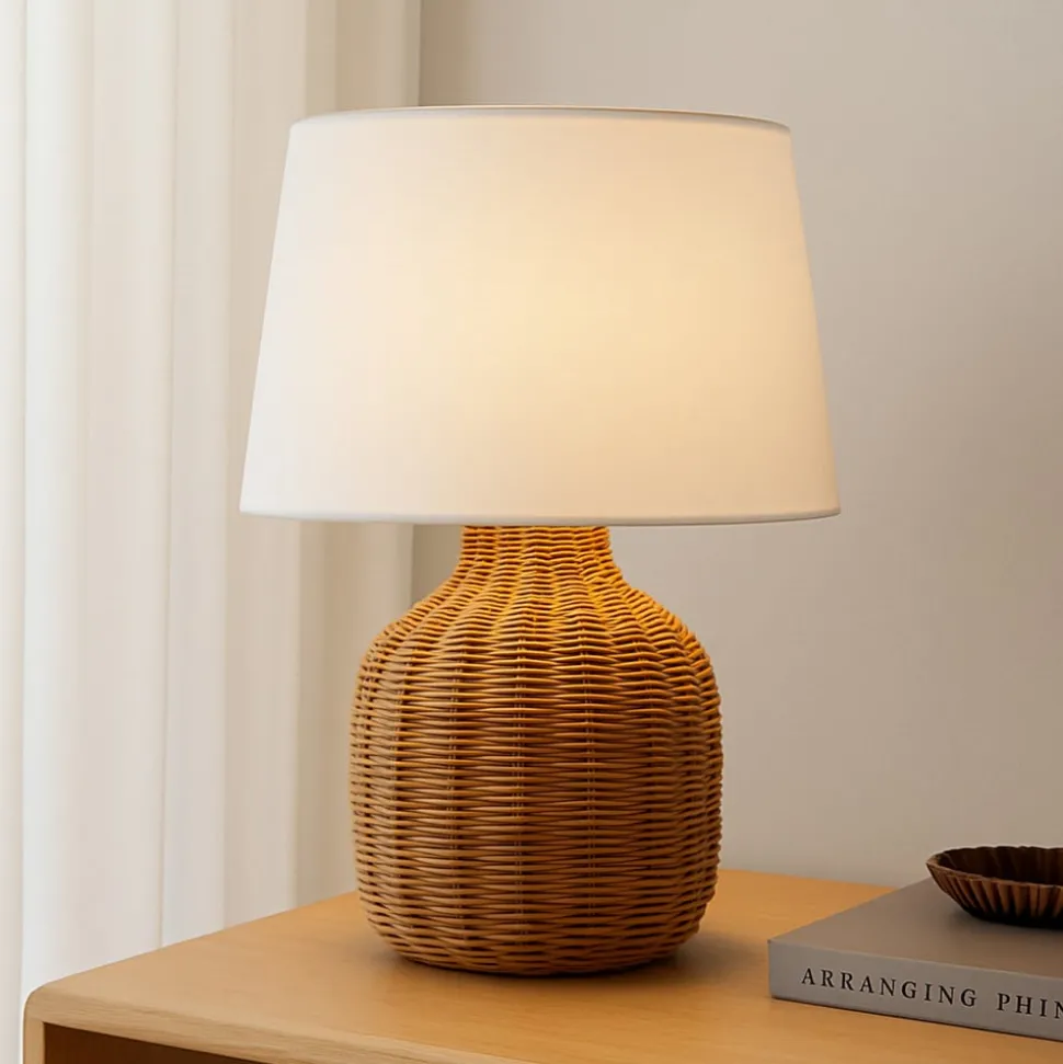 Lindby bordlampe Lirenda, højde 52 cm, rattan, natur/hvid