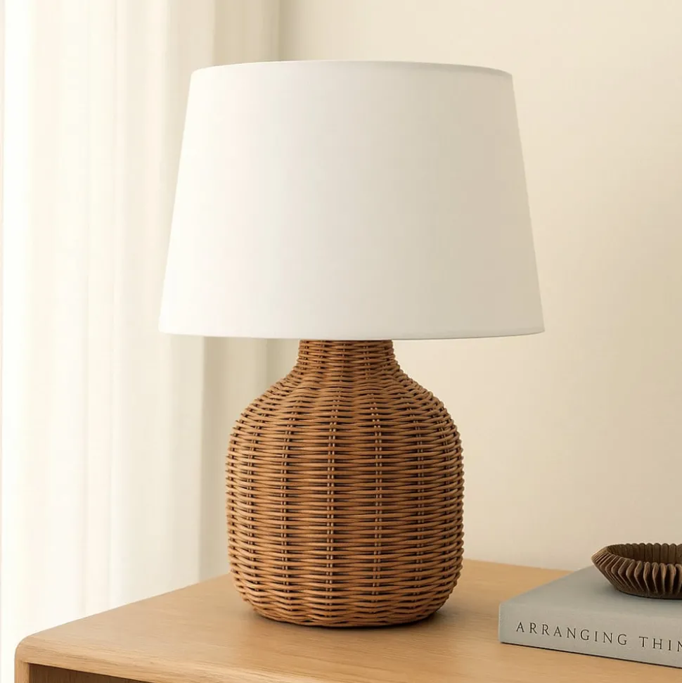 Lindby bordlampe Lirenda, højde 52 cm, rattan, natur/hvid