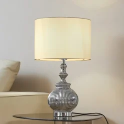 Lindby bordlampe Loraine, hvid/grå, glas, Ø 33 cm, E27