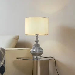 Lindby bordlampe Loraine, hvid/grå, glas, Ø 33 cm, E27