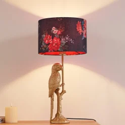 Lindby bordlampe Marula, guld, blomsterprint, tekstil, E27