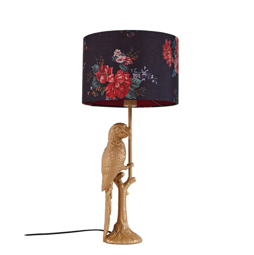 Lindby bordlampe Marula, guld, blomsterprint, tekstil, E27