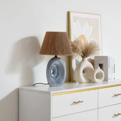 Lindby bordlampe Seasur, blågrå, keramik, papir, 29 cm