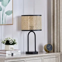 Lindby bordlampe Yaelle, 50 cm høj, rattan, sort, E27