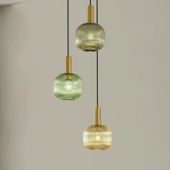Lindby Doroteo hængelampe, 3 lyskilder, grøn/amber/grå, glas