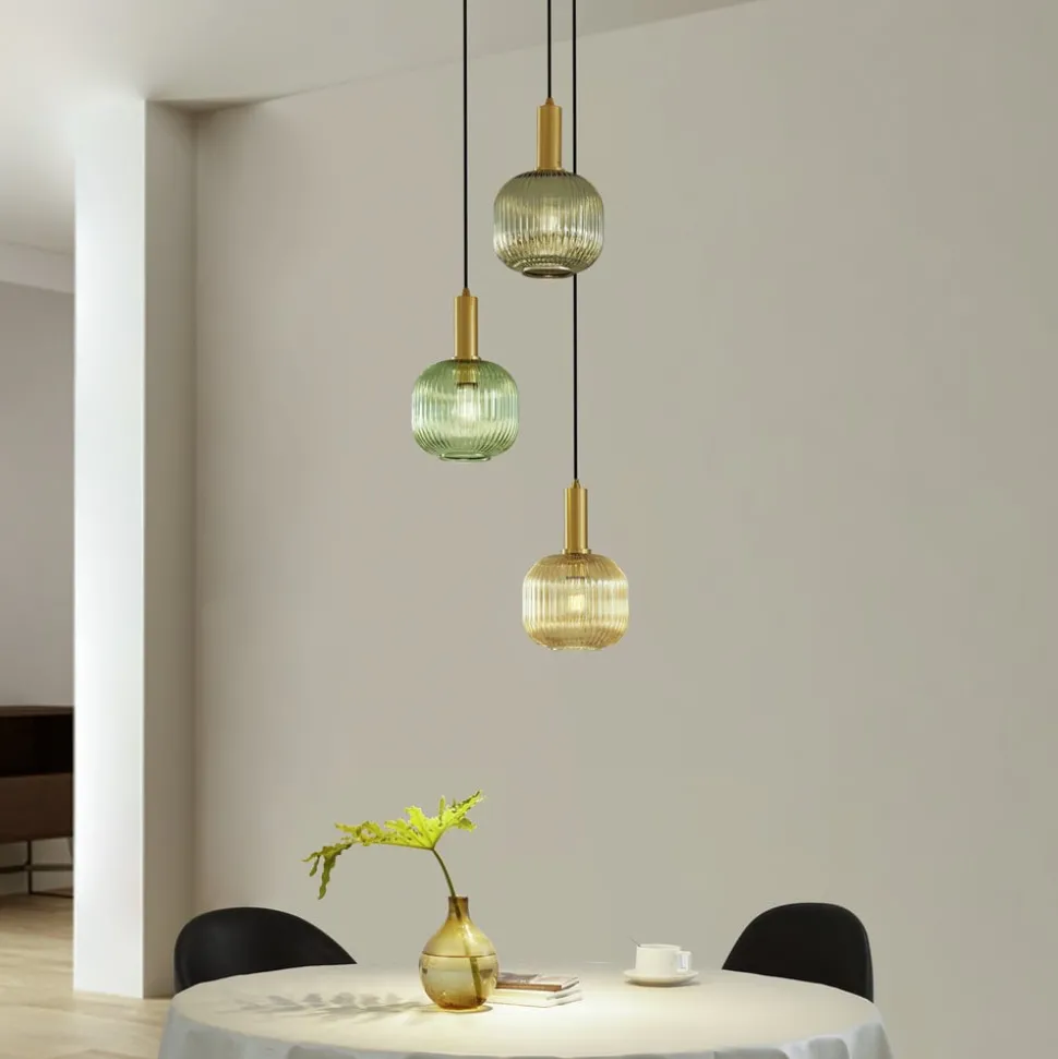 Lindby Doroteo hængelampe, 3 lyskilder, grøn/amber/grå, glas