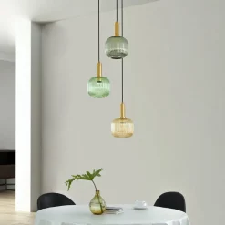 Lindby Doroteo hængelampe, 3 lyskilder, grøn/amber/grå, glas