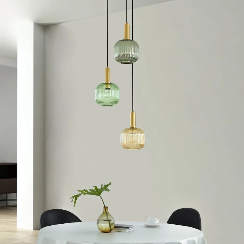 Lindby Doroteo hængelampe, 3 lyskilder, grøn/amber/grå, glas