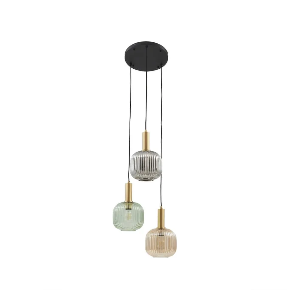 Lindby Doroteo hængelampe, 3 lyskilder, grøn/amber/grå, glas