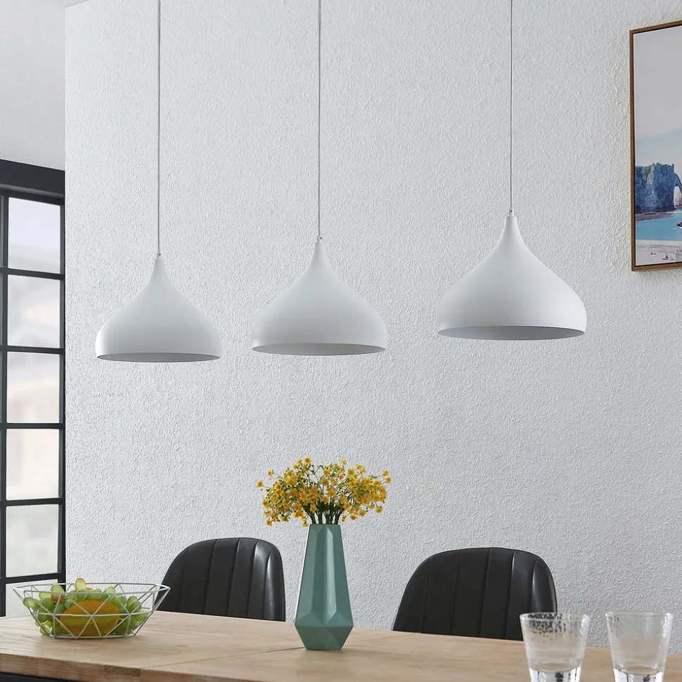 Lindby Elamira pendellampe, hvid, metal, 133 cm, 3 lyskilder.