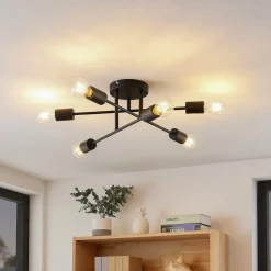 Lindby Estar loftlampe, sort, metal, 6 lyskilder, Ø56cm