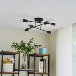 Lindby Estar loftlampe, sort, metal, 6 lyskilder, Ø56cm
