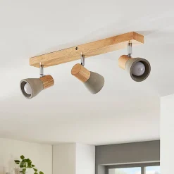 Lindby Filiz spotlight, 3 lyskilder, 47 cm lang, træ, beton, E14