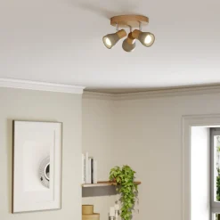 Lindby Filiz spotlight, 3 lyskilder, Ø 20 cm, træ, beton, E14