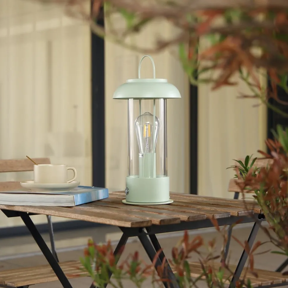 Lindby genopladelig bordlampe Yvette, grøn, IP44, touchdæmper