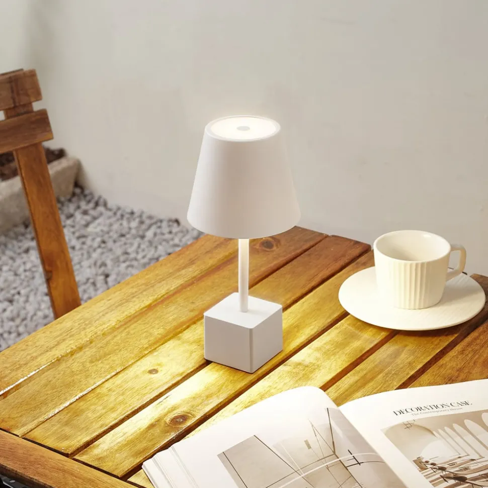 Lindby genopladelig LED-bordlampe Janea CUBE, hvid, metal