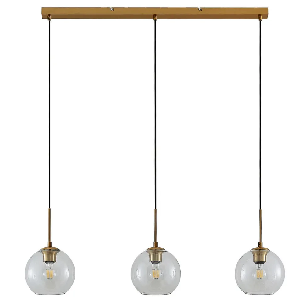 Lindby Grady hængelampe, messing/klar, 110 cm, metal, glas