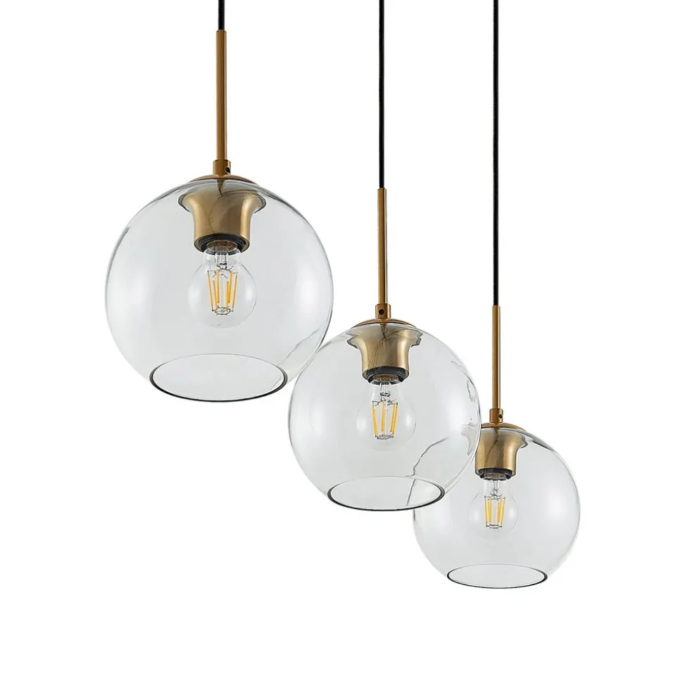 Lindby Grady hængelampe, messing/klar, 110 cm, metal, glas